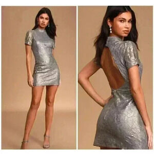 Lulus Size Medium Party of One Slate Blue Gold Metallic Backless Mini Lace Dress